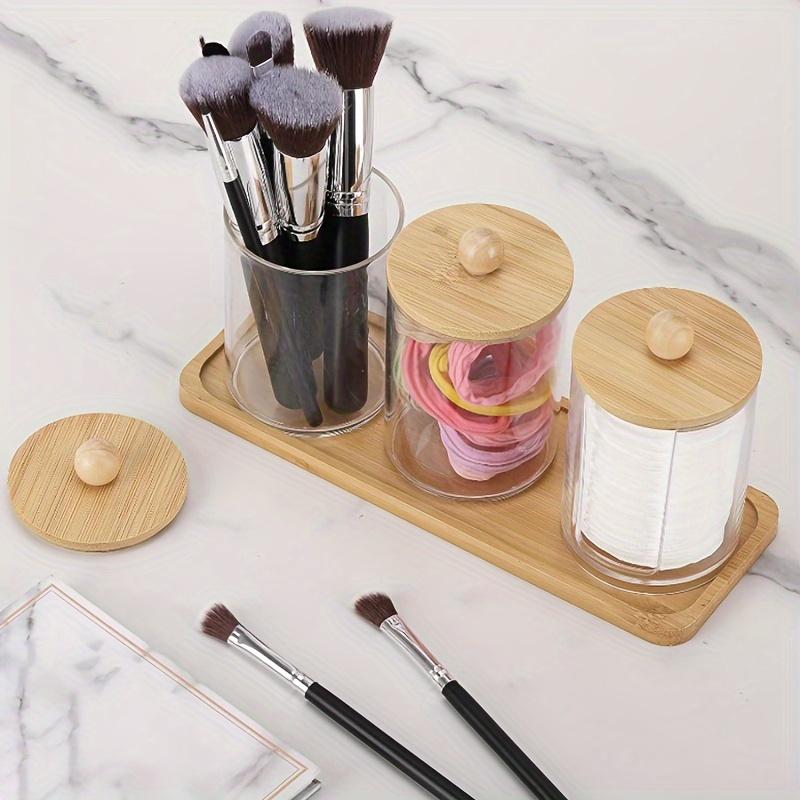 10 Oz Qtip Holder with Vanity Tray, 3 Pack Cotton Swab/Ball/Pad Dispenser Apothecary Jar, Clear Bathroom Containers Dispenser Fo