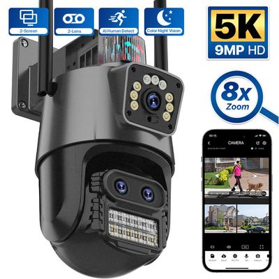 EU Plug PTZ IP Camera 5K 9MP Wifi Camera 4K HD Dual Lens Security Protection Security CCTV Video Surveillance Camera Police Light Alarm