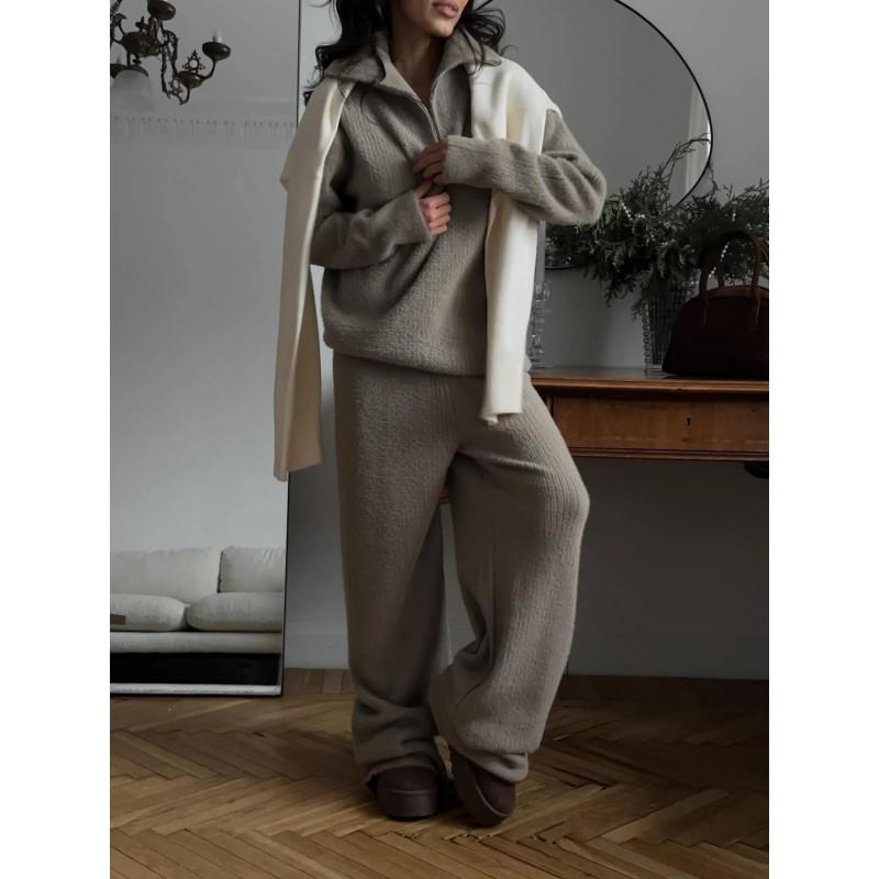 Womens Oversized Knit Set Soft Faux Fur Texture Solid Color Half-Zip Sweater Straight Leg Pants Winter Outfit