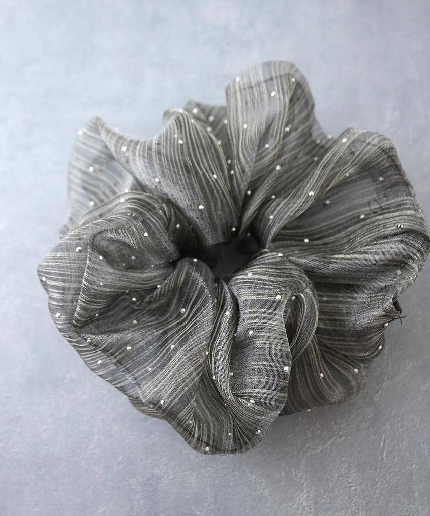 VINGTAINE Scrunchie, Organza, Gray, Studs, Stones, Volume, Gorgeous, Chic, Mature, HS-213