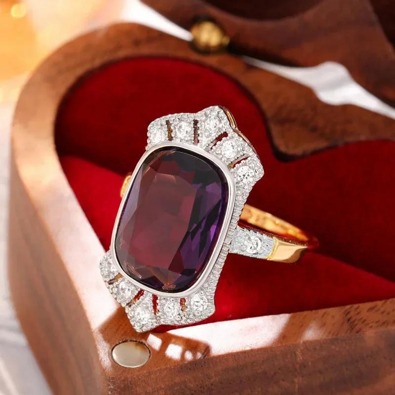 Geometric Amethyst Crystal Women'S Ring With Two Tone Design Exaggerate  Finger Accessories Party New Soundlight Jewelry