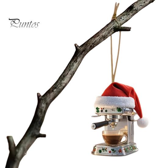 Coffee Machine Christmas Ornament Acrylic Santa Hat Mini Coffee Machine Pendant Keepsake Holiday Car Backpack Charm Gift for Coffee Lovers