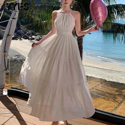 Women's Fashion Summer Spring Solid Color Print Sleeveless Hanging Neck High Waist Casual Dresses