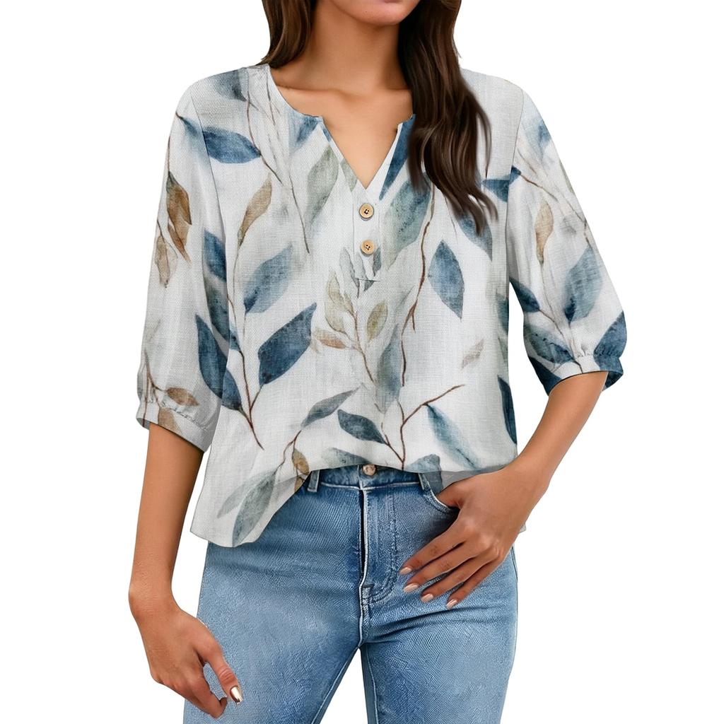 Women Henley Neck Button Front Cotton Linen Shirt with Leaf Print Three Quarter Sleeves Relaxed Fit Blouse Top