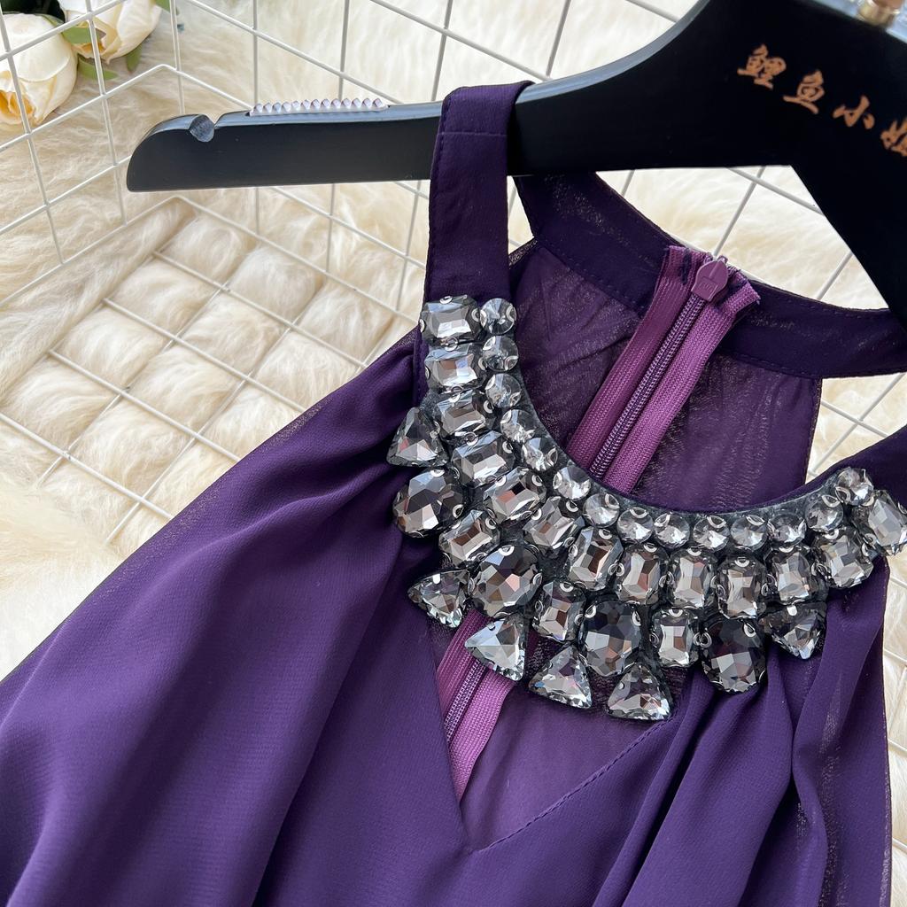 Été Femmes Luxe Diamants Sans Manches Uni Mousseline Vacances Plage Long Maxi Grande Évasée Débardeurs