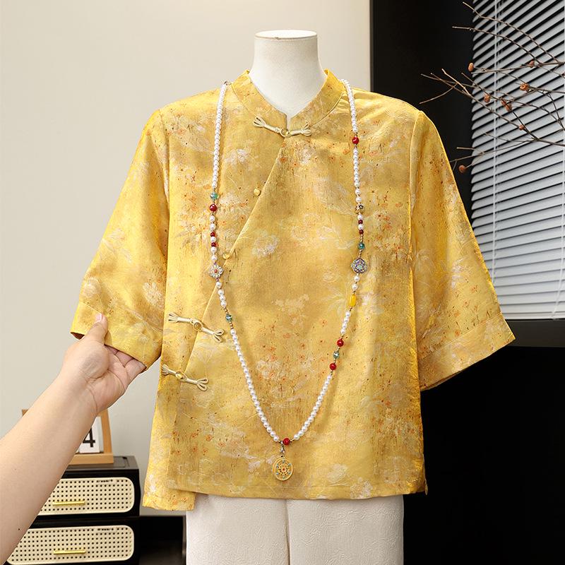

Contemporary Summer Chiffon Blouse & Pants Set for Women 2026 - Short-Sleeve, National Style, Perfect for Middle-Aged & Seniors 3XL (for 115-130 lbs)