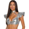 S-XXL Damen Glitzer Gothic Crop Top Neckholder Fledermausärmel Nietenbesatz Verstellbare Schnalle Korsett Bustier Schulterpanzer für Rave Club Party