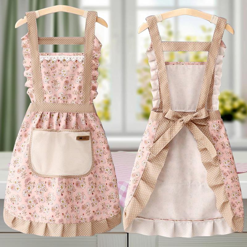 1PC Female Lovely Floral Canvas Apron Kitchen Oilproof Anti Fouling Cooking Apron with Pocket Adjustable Workwear Apron