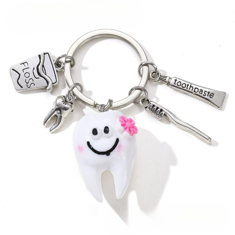 Cute Smiling Tooth Keychain With Floss Toothbrush Toothpaste Charms Key Ring Friendship Gift