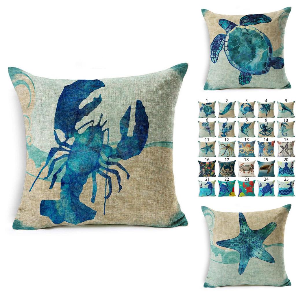 Exquisite 18" Blue Sea Animal Cotton Linen Cushion Cover For Stylish Living Spaces