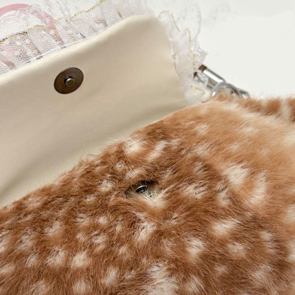 Borsa a tracolla in peluche Y2k con fiocco Borsa a mano pelosa Borsa a spalla in peluche maculato di cervo ispessita per studenti