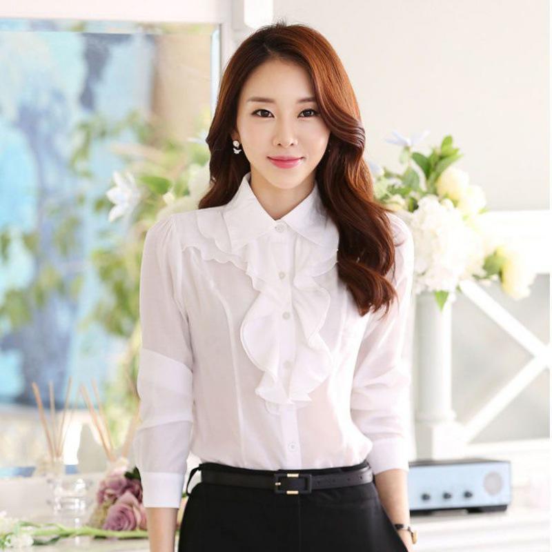 Women s Korean Style Ruffle Lapel White Chiffon Shirt, Slim Fit Long Sleeve Professional Top L остроконечного воротника
