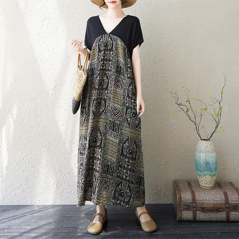 

Dimanaf Новое летнее платье размера плюс 2025 года, свободное женское платье с V-образным вырезом и винтажным принтом, повседневное платье с коротким рукавом макси One Size чёрный