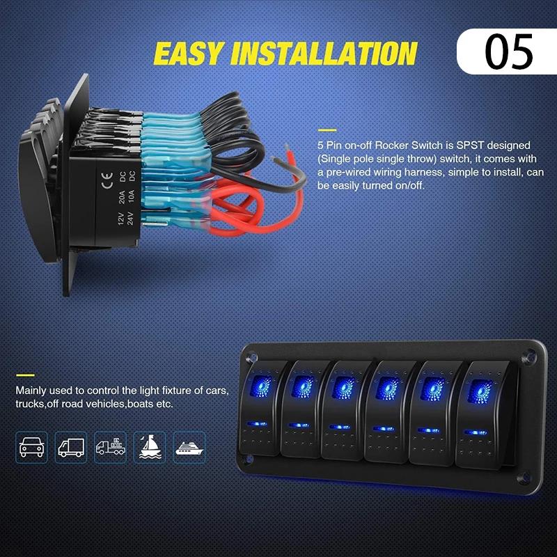 for Marine Boat Caravan Car Truck Waterproof Double Light Switch On-Off Rocker Switch Panel Led Toggle Switch Panel 12-24V 6Gang