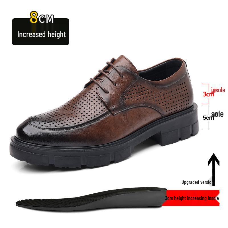Men's Casual Leather Shoes with 10CM Height Boost, Thick Soles, and Textured Finish.