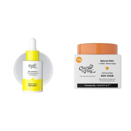 Chemist At Play 10% Vitamin C Face SerumFor All Skin Types 30ml + Exfoliating Body Scrub For Removing Tan & Dead Skin Cells For Men & Women | 75g