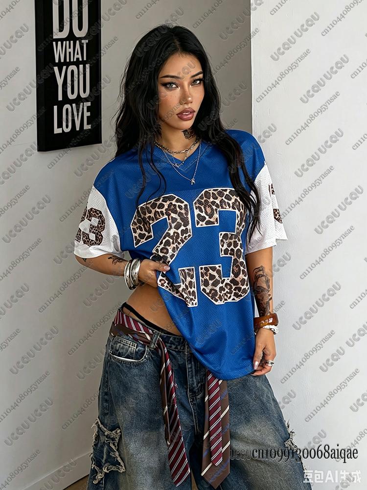 Summer New Leopard No.23 Print T-Shirt For Women V-Neck Short Sleeve Mesh Sports Football Jersey Y2K Loose Oversized Tops