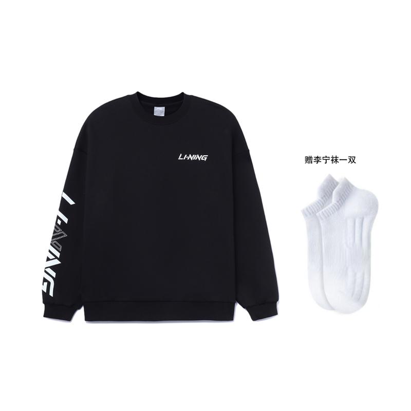 Li Ning Sports Life Collection Logo Print Crew Neck Fleece Lined Thermal Long Sleeved Sweatshirt Unisex Black AWDT607-3