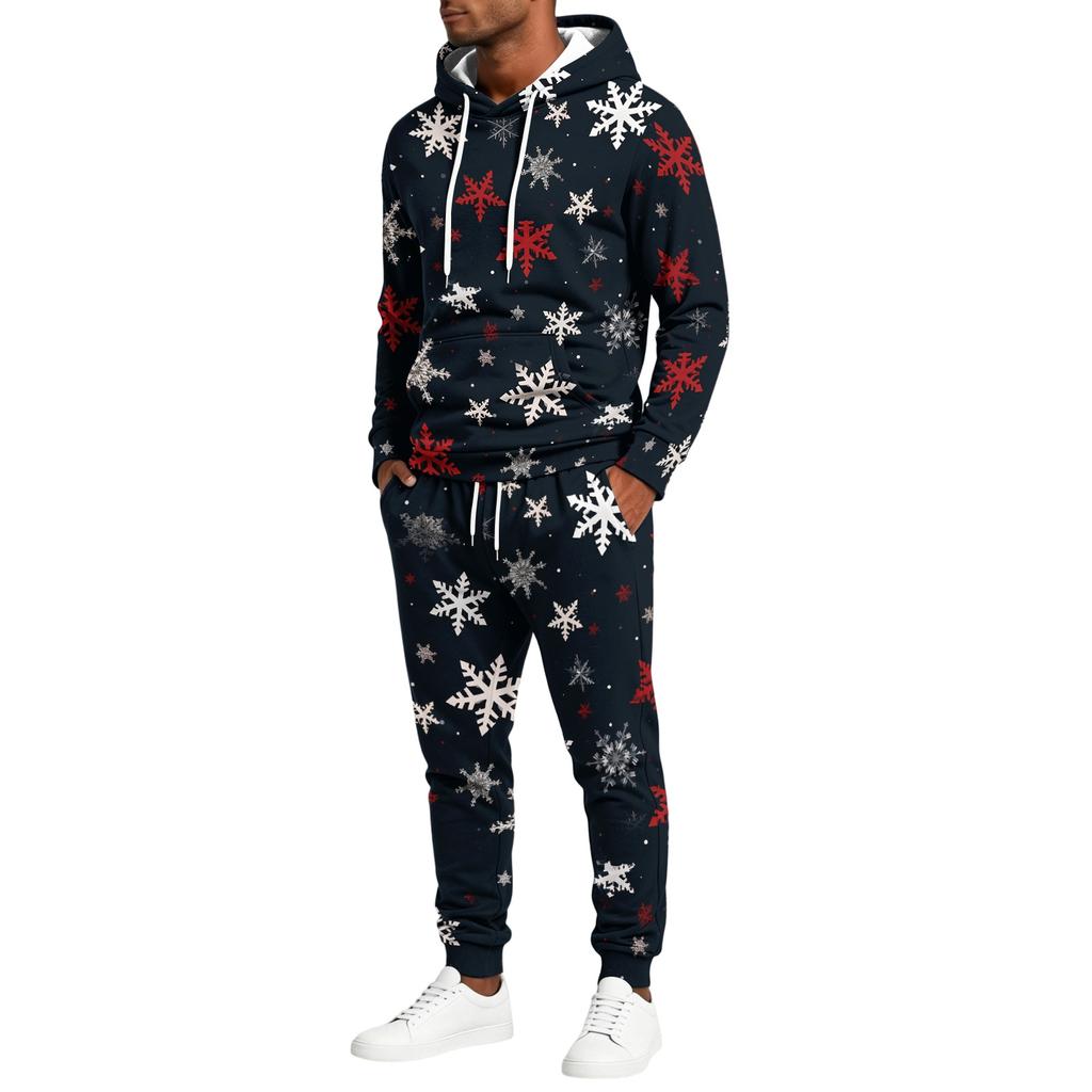 Men's Casual Christmas Print Hoodie and Straight-Leg Sweatpants Two-Piece Set for Holiday Celebration