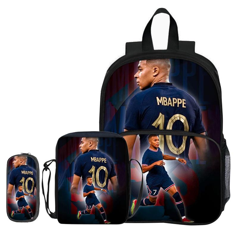 Barnryggsäck Axelväskor Pennfodral M-Mbappe 3-delat set med Fickor Framtill Ryggsäck Fotbollsstjärna Ryggsäck