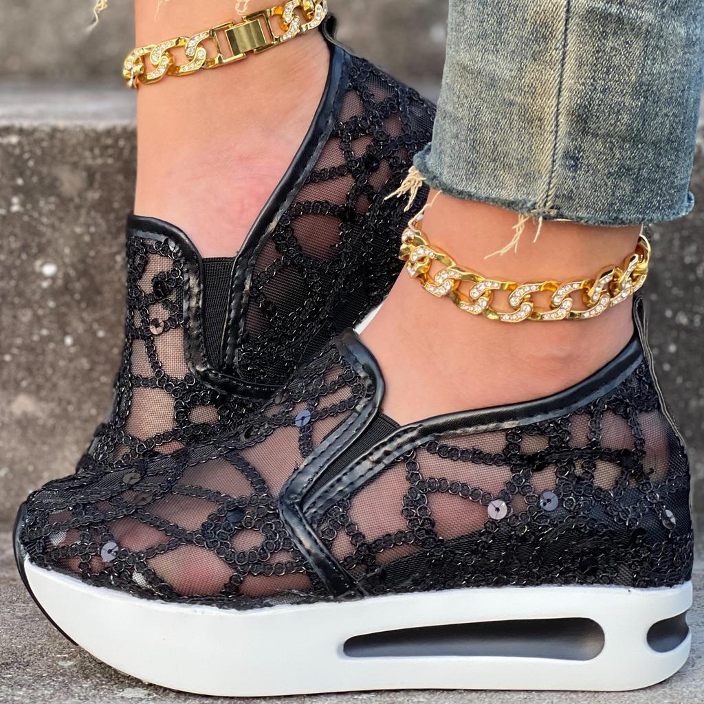 Women's Glitter Sequins Decor Sneakers, Breathable Mesh Inner Wedge Heeled Shoes, Comfortable Platform Carnival Shoes & Music Festival