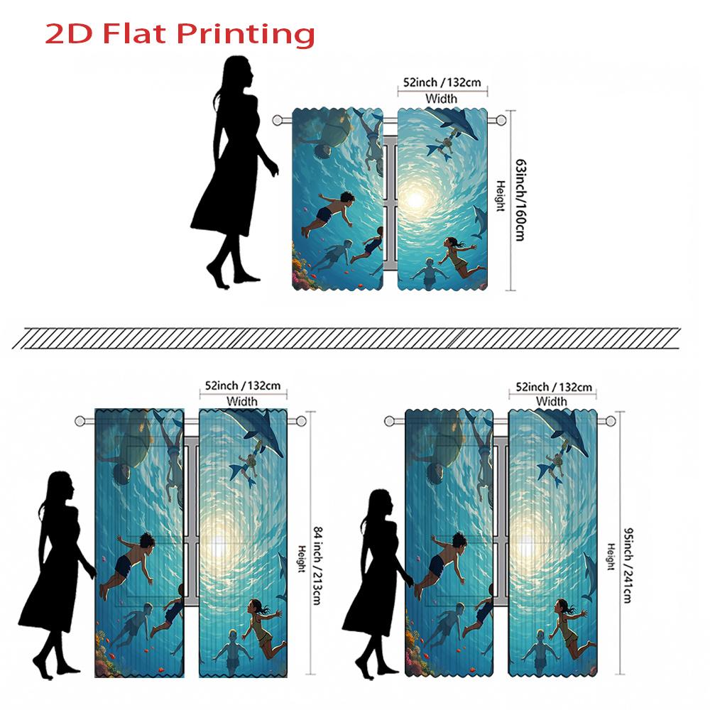 Set Of 2 Flat Printing Curtains Swimming Ocean Blue Pattern Cartoon Style Curtain Polyester Fabri Made