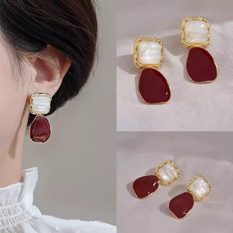 Geometric Green Retro Korean Square Earrings for Women