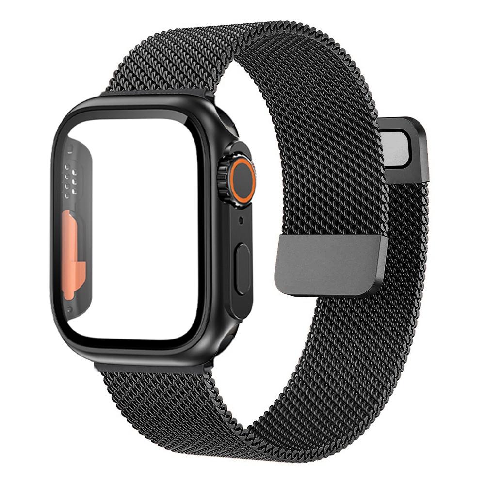 

Стекло + чехол + ремешок для Apple Watch Band 44 мм, 40 мм, 45 мм, 41 мм, чехол + браслет-миланская петля Correa iWatch series 7 se 6 8 ultra 45MM чёрный