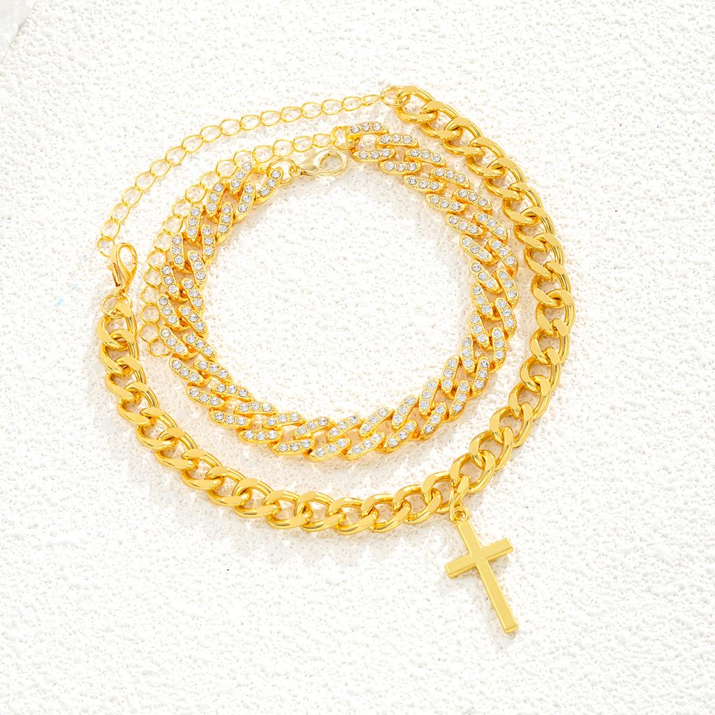 2Pcs/Set Gold Color Crystal Cross Cuban Bracelets for Women Men Punk Chunky Wide Unisex Bracelets Set Hip Hop Daily Wear Jewelry