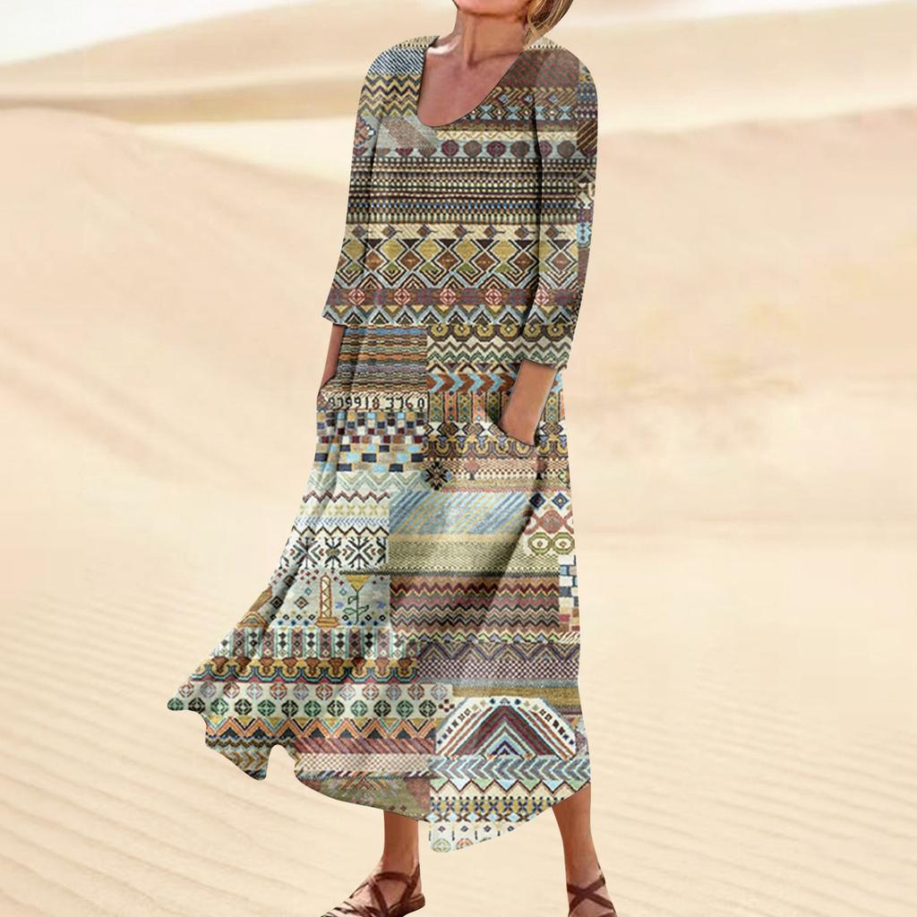 Kleid für Damen, Frühling, Boho, lässig, modisch, 3/4-Ärmel, Kleid für den Urlaub, große Größe