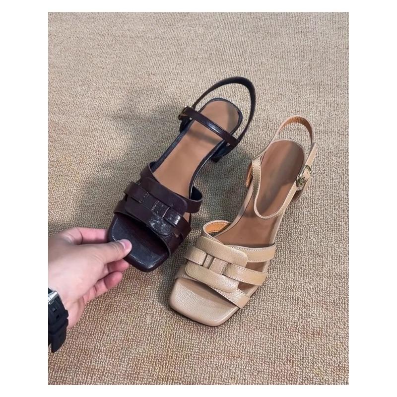 Fashion Summer 2025 New Toe Exposed Square Toe Thick-heeled Sandals for Women's Fashion, Wearing High-heeled Roman Shoes On Top