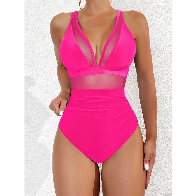 2026 New Bikini European and American Solid Color Mesh Halter Sexy Bikini One-piece Swimsuit Swimsuit