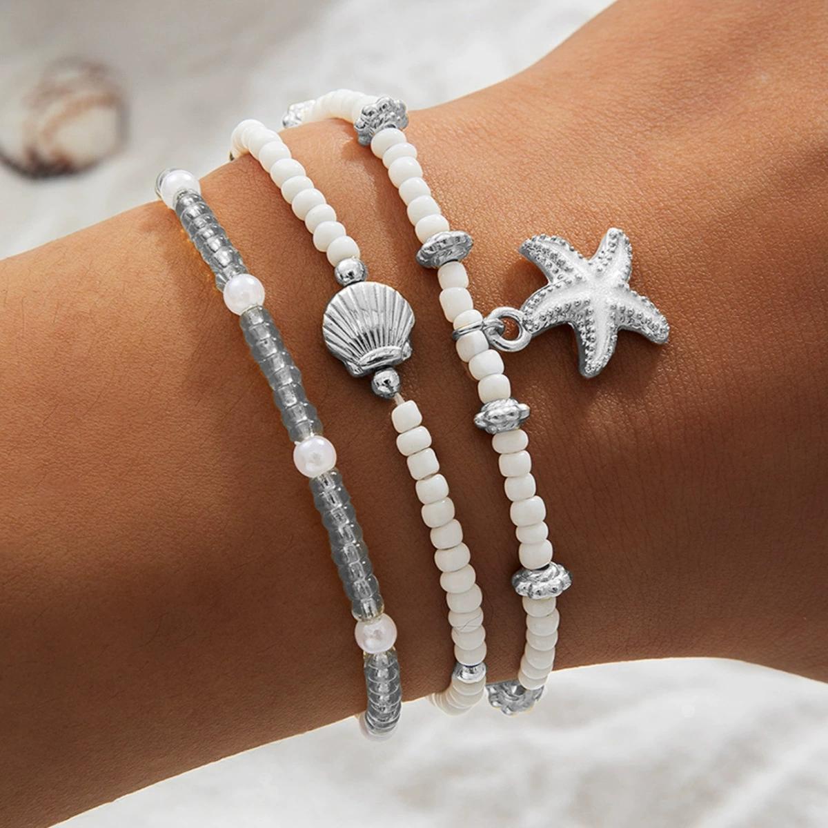 

3Pcs Bohemian Starfish Scallop Bracelet Set For Women Elastic Rice Bead Chain Bangle Female Summer Seaside Beach Jewelry срібний