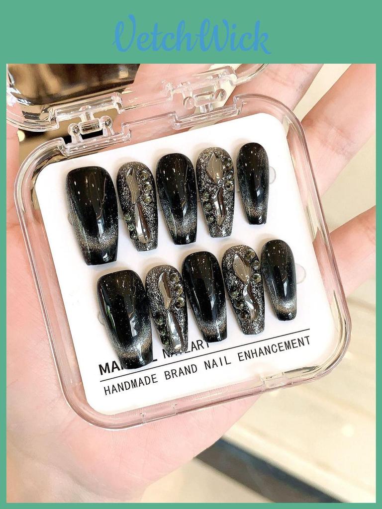Handmade Black Cat Eye False Nails With Sparkling Rhinestones Stylish And Luxurious
