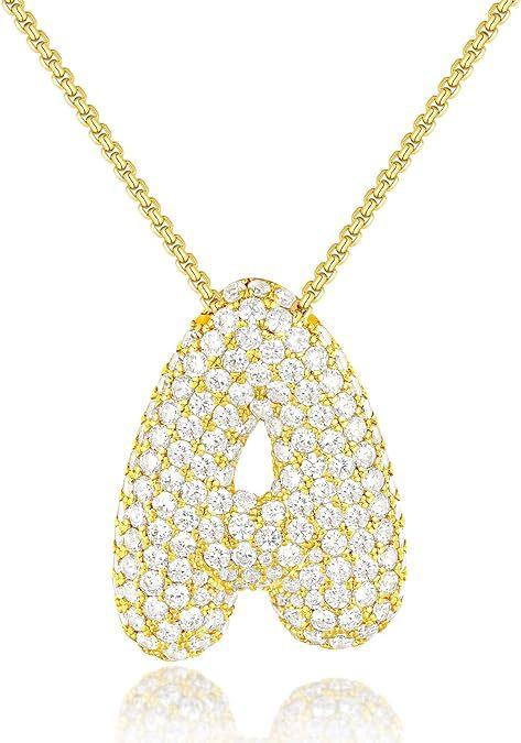Stainless Steel Bubble Letter Initial Pendant Chunky Women Personality Jewelry Zircon Gold Plated Balloon 26 Letter Necklaces