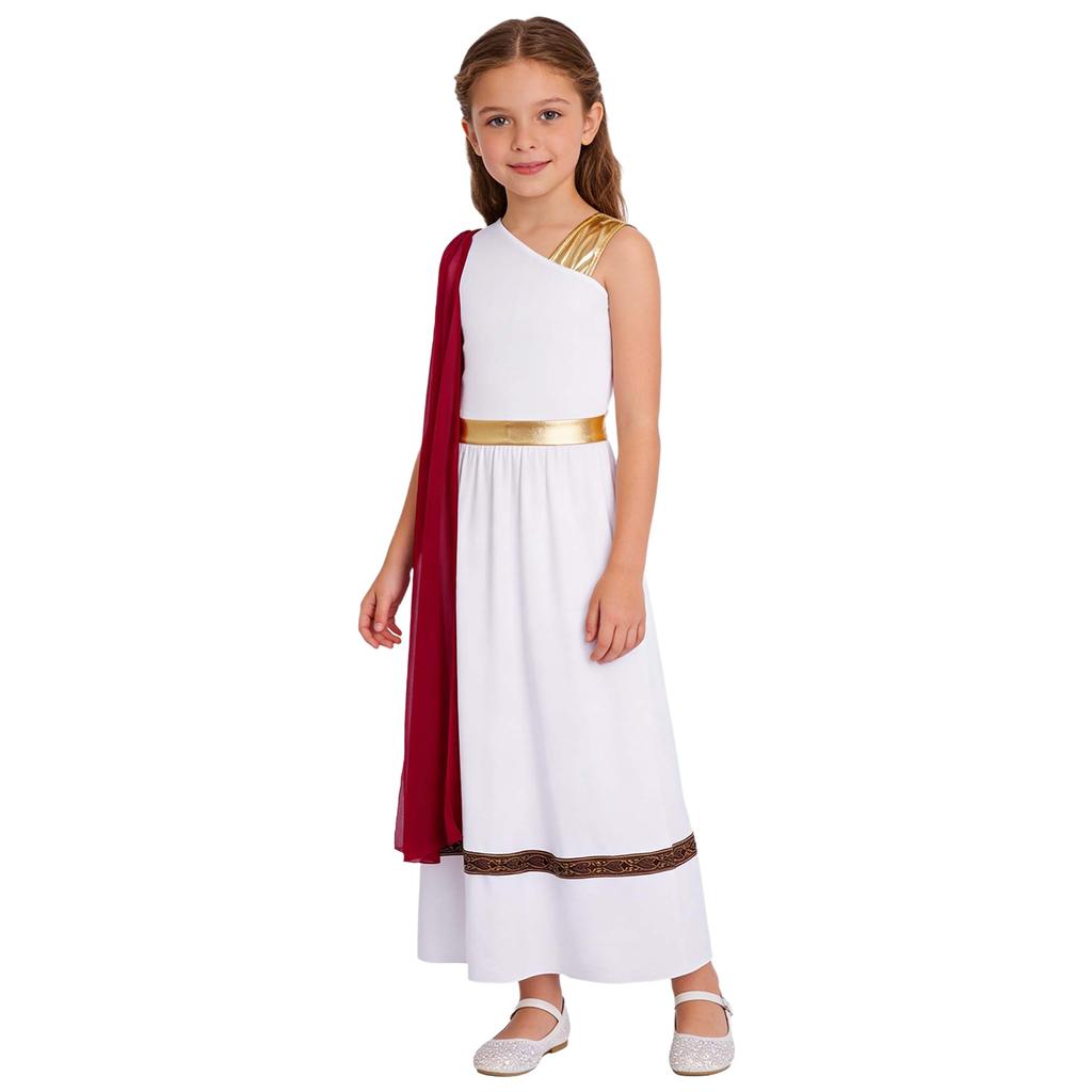 Vestido sem mangas de retalhos metálicos para meninas Fantasia de Deus Grego Romano Manto Xale Roupa de Palco