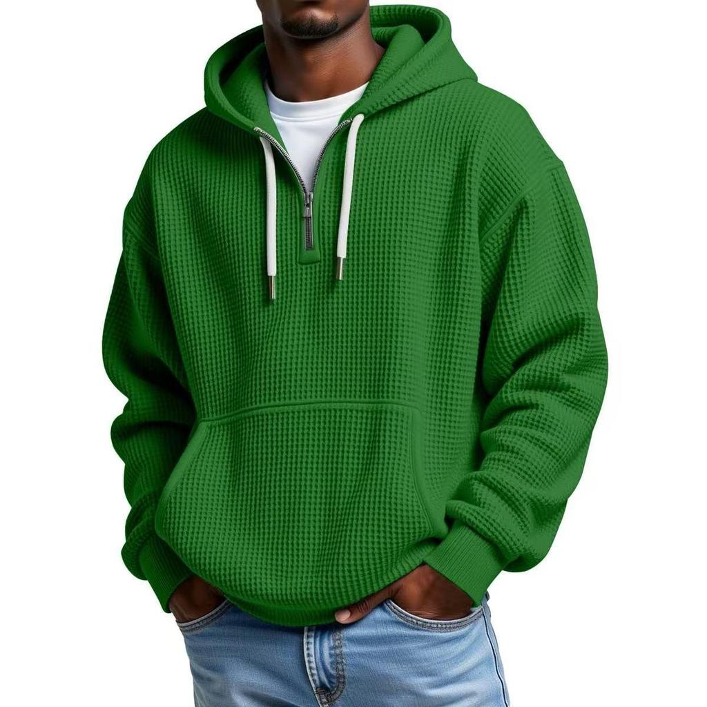 European Heavyweight Waffle Long Sleeve Hooded Sweatshirt - Men's Loose Fit, Pure Color, Casual Style