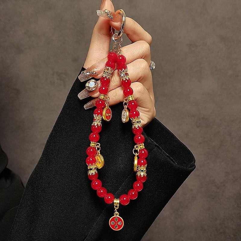 New Year Lucky Beaded Short Wrist Phone Chain, Chinese Style Five Wealth Gods Decorative Portable Mobile Phone Lanyard Pendant