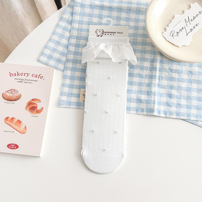 Women s Spring/Summer Embroidered Cat Socks - Cute Cartoon Mid-Calf with Sweet Lace Ruffle in White One Size