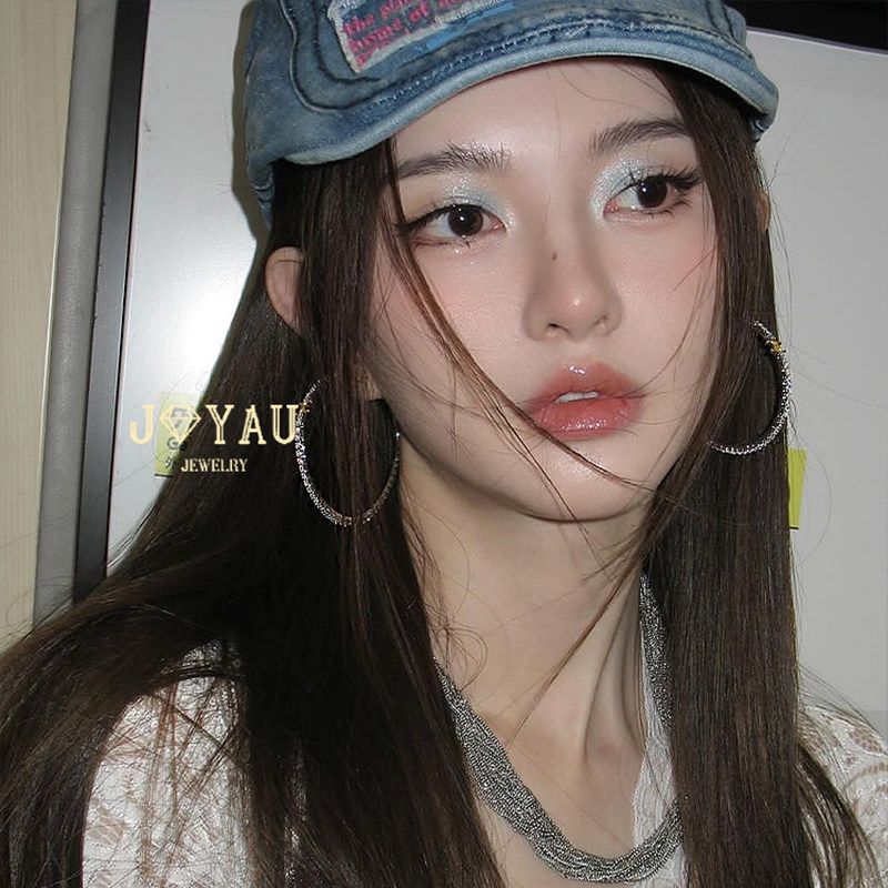 Joyau Classic Fashionable Fashion Sexy Full Diamond Big Circle Earrings Painless Ear Clip Show Face Small Exaggerated Big Ear Ring Silver 6cm Earrings [Pierced Ears Required]