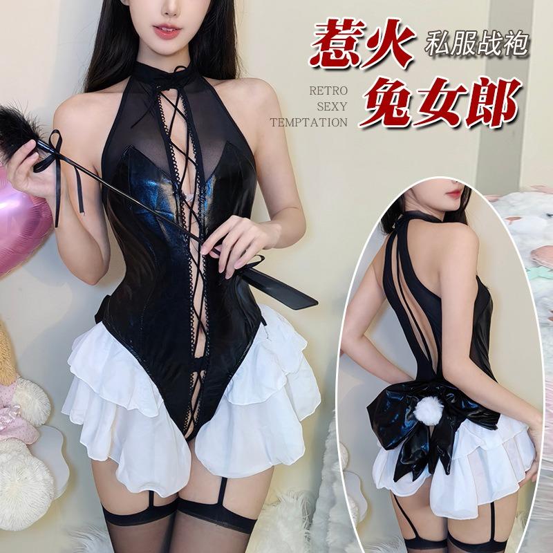 Sexy Lingerie Sexy Uniform Bunny One-piece Patent Leather Straps Cross Ruffle Rabbit Cos Nightclub Suit