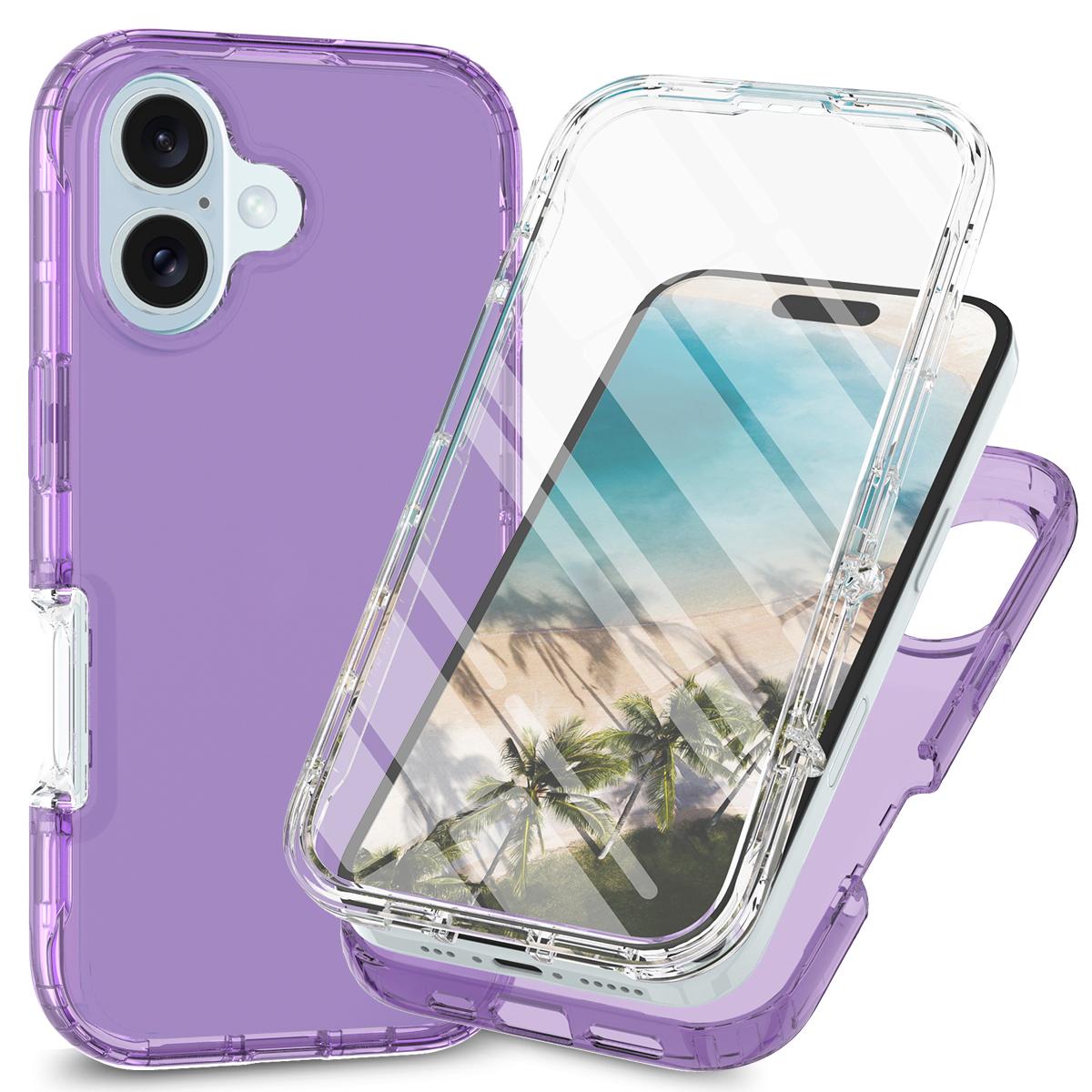 

For iPhone 16 Case TPU+PC Full Protection Shockproof Phone Cover with PET Screen Guard Purple