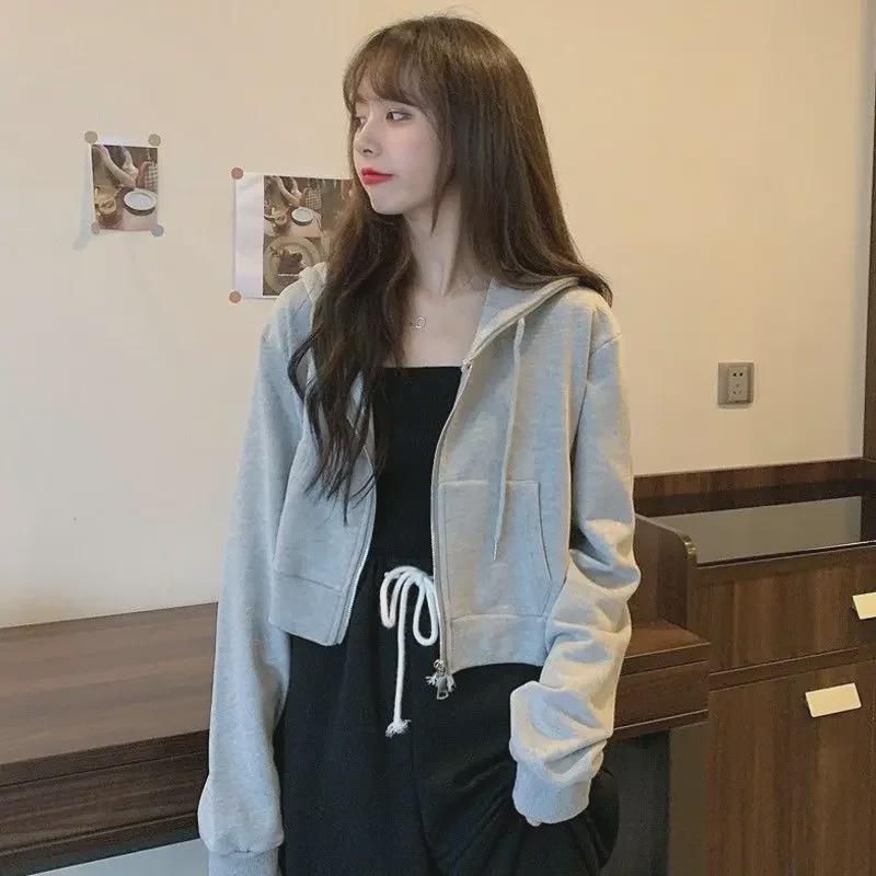 Korean Autumn Womens Hooded Zip Cardigan Thin Solid Color Long Sleeve