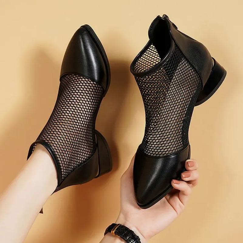 New Arrive Summer Sexy Mesh Ankle Boots 2025 Pointed Toes Low Heels Ladies Short Boots Chunky Heels Spring Back Zipper Shoes