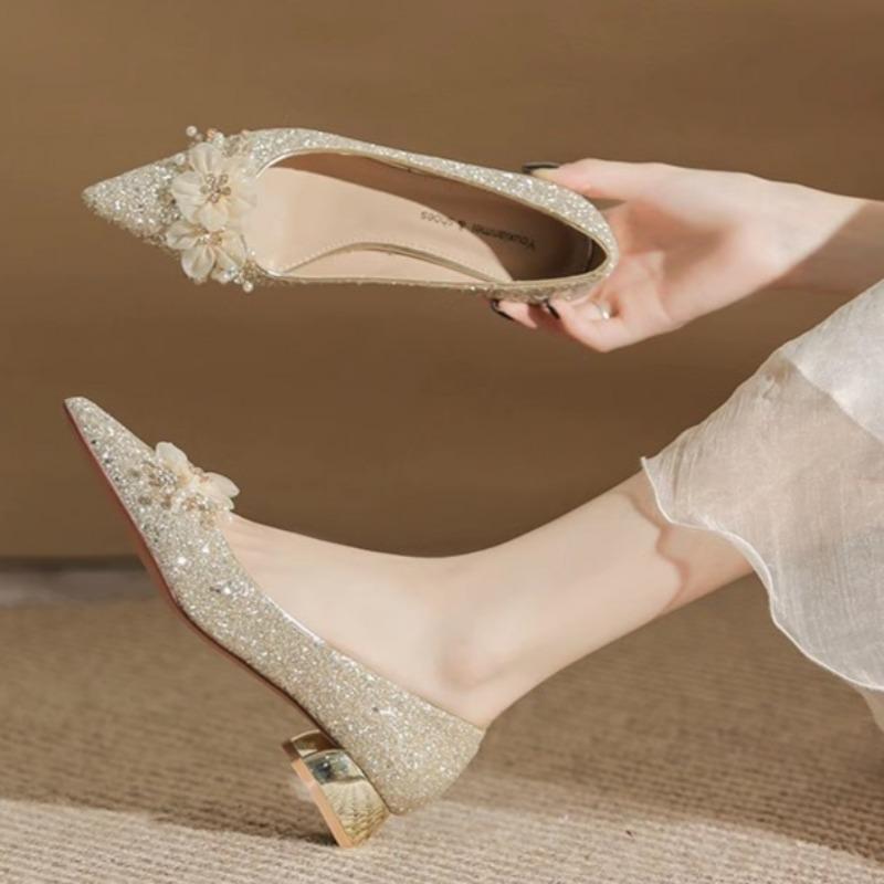 Fashion Fall New Coarse Heel Shoes Women's Pointed Head Glitter Cloth Flowers Anti-slip Wear-resistant Low-top Shoes