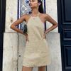 Women's Solid Color Linen Halter Neck Tie Backless Mini Dress Sexy A Line Dress Summer Casual Party Dress