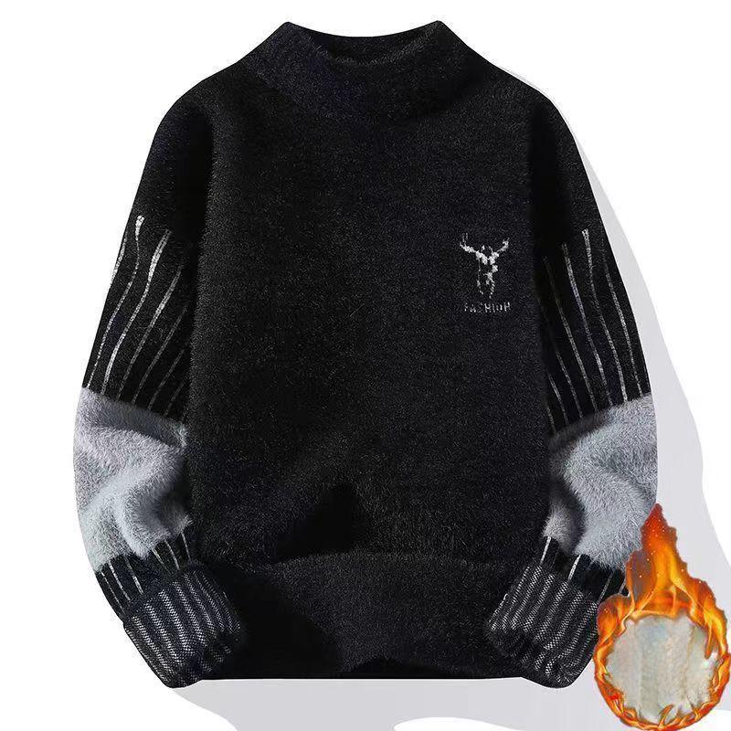 Panelled Anti-Pilling Sweater Men Casual Thicken Winter Half High Collar Knitted Long Sleeve Bottoming Shirt Printing Pullovers