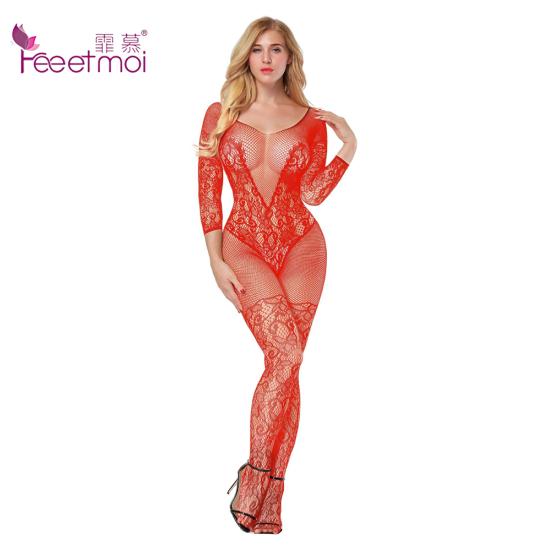 Lace Lingerie Sexy Hot Erotic Embroidery Body Babydoll Sleepwear Stockings Sexy Hollow Long Sleeve Nightwear