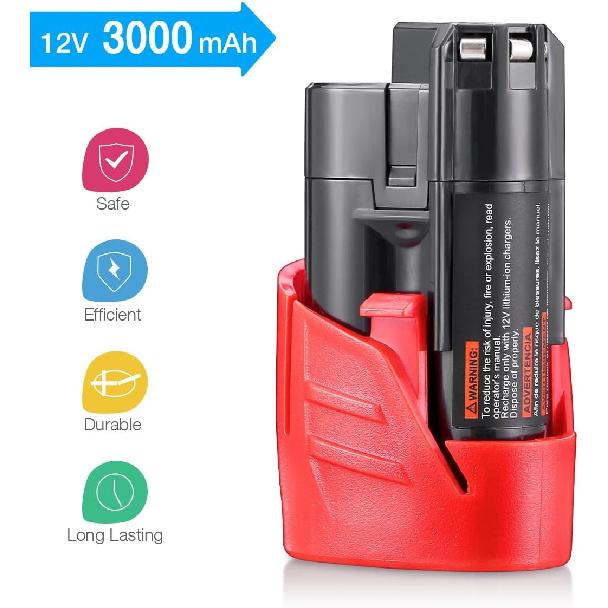 Powerextra 2 Pack 12V 3000mAh Lithium-ion Replacement Battery Compatible with Milwaukee M12 48-11-2411 48-11-2420 48-11-2401 48-11-2402 48-11-2401