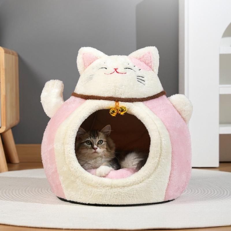 Kształt kota szczęścia gniazdo dla kota jesienno-zimowe ciepłe dom kota szczęścia półzamknięty mały i średni kojec gniazdo dla zwierząt